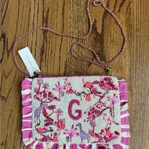 Anthropologie Pink Beaded Floral Crossbody Bag with Chain Strap